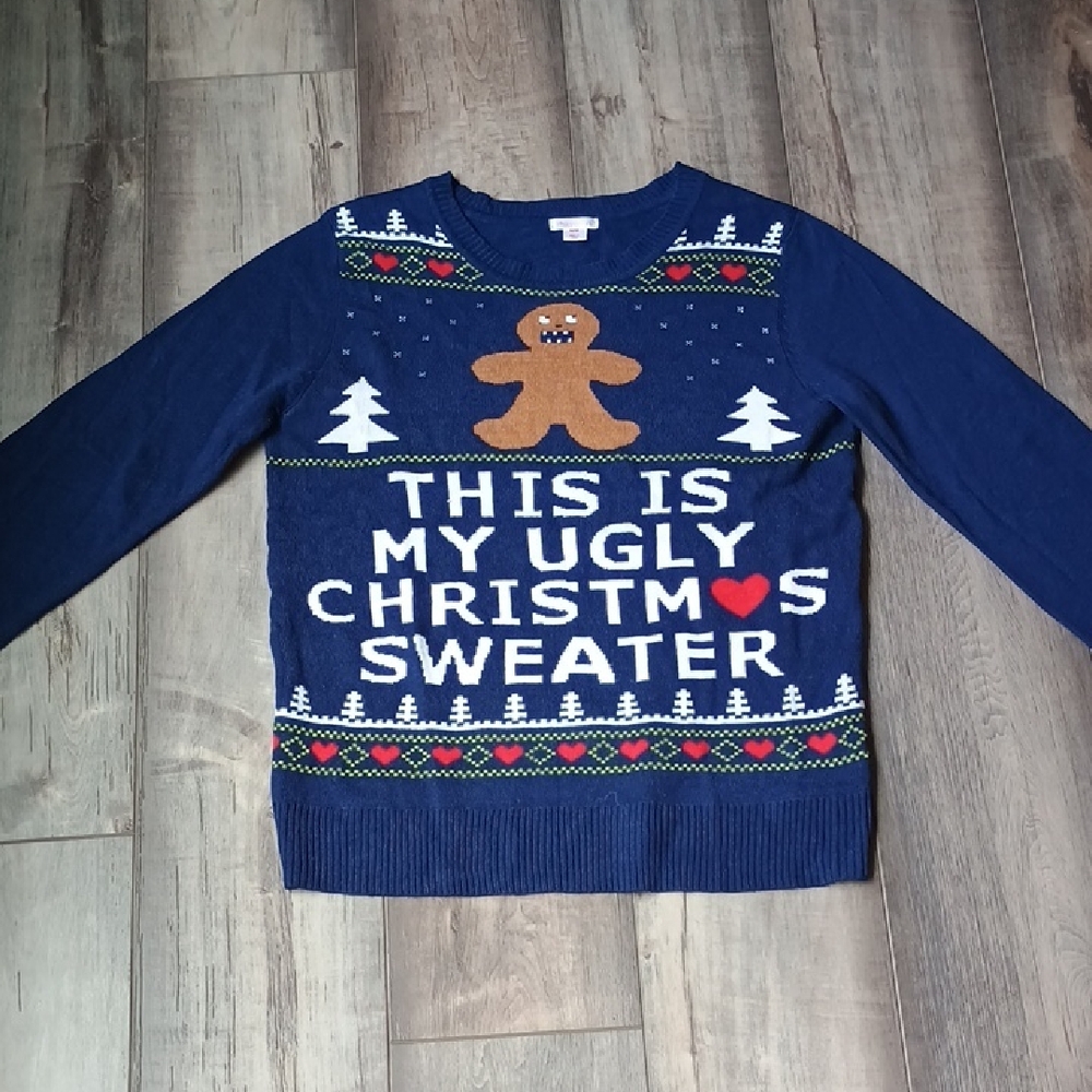 Xhilaration Navy Christmas Sweater with Gingerbread Design Ugly Christmas Sweate
